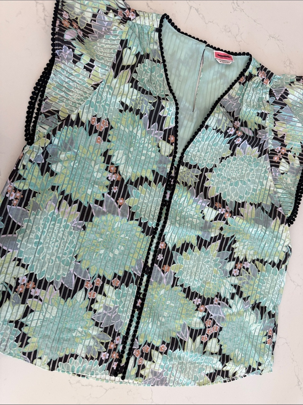 Mint Floral Pleated Top with Black Trim